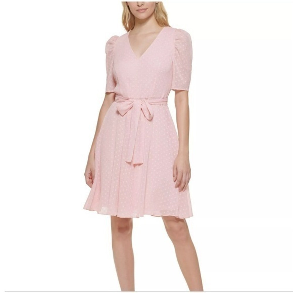 Tommy Hilfiger Women's Pink Chiffon Swiss Dot Fit & Flare Flowy Dress 12
